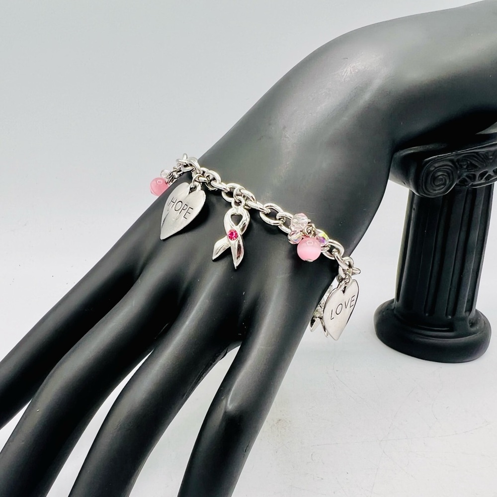 COOKIE LEE breast cancer awareness silver tone charm bracelet pink ribbon